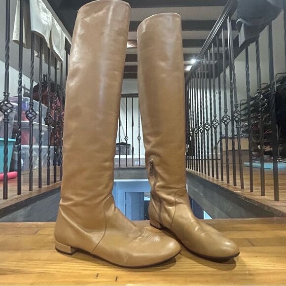 REVOLVE Prada Napa Butter Leather Tan OTK Knee High Boots Size 39.5 - Picture 3 of 12